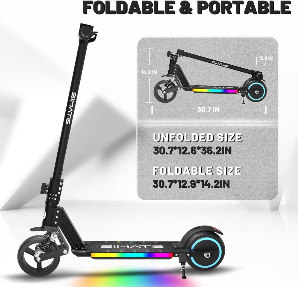 SIMATE Electric Scooter for Kids, Pro E-Scooters with White Front Light and Colorful Body Lights, LED Display  Foldable, Top 8.7mph  5 Miles Range Power by 130W Motor, Gifts for Kids, Teens