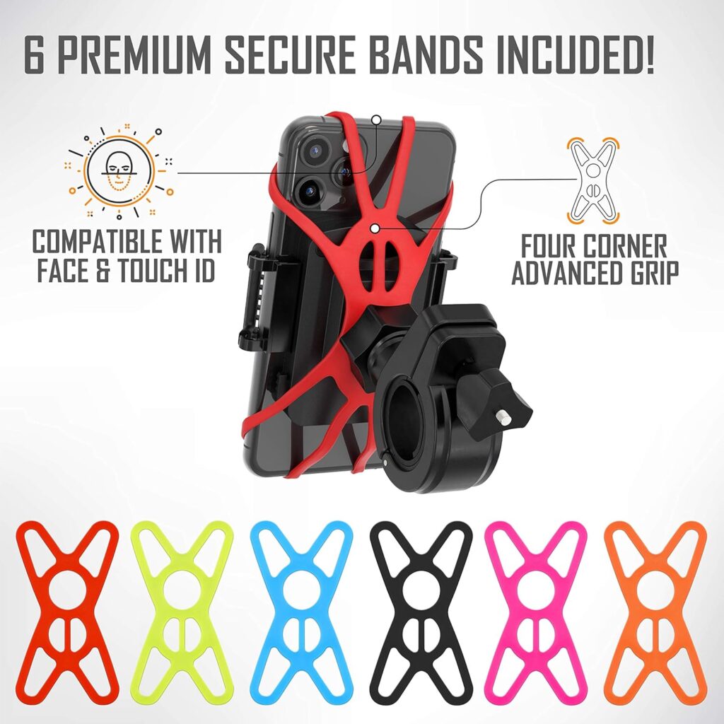 TruActive Premium Bike Phone Mount Holder | Universal Cell Phone Mount for 4-7 Phones | Includes 6 Reusable Color Bands | Tool Free Handlebar Mount for Bicycle, Motorcycle, Electric Scooter, ATV