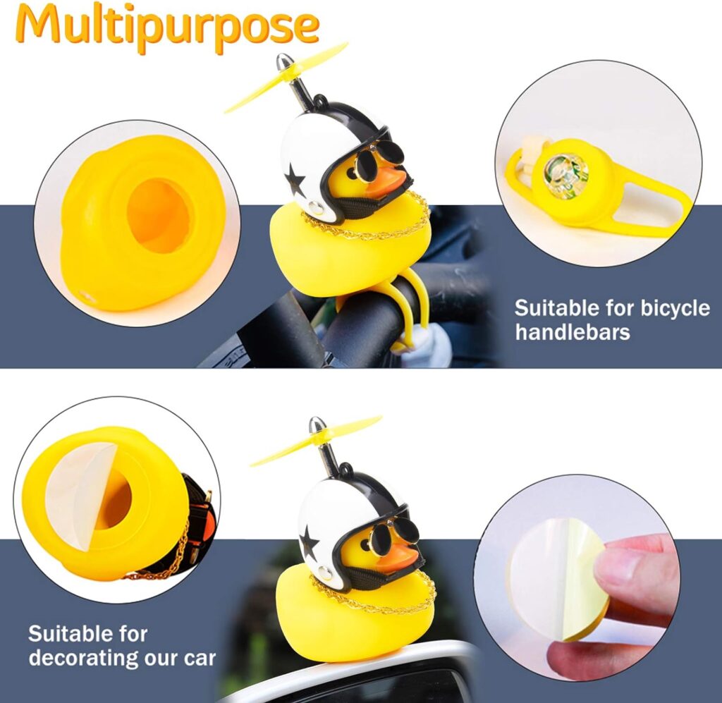 wonuu Rubber Duck Toy Car Ornaments Yellow Duck Car Dashboard Decorations Squeeze Duck Bicycle Horns with Propeller Helmet