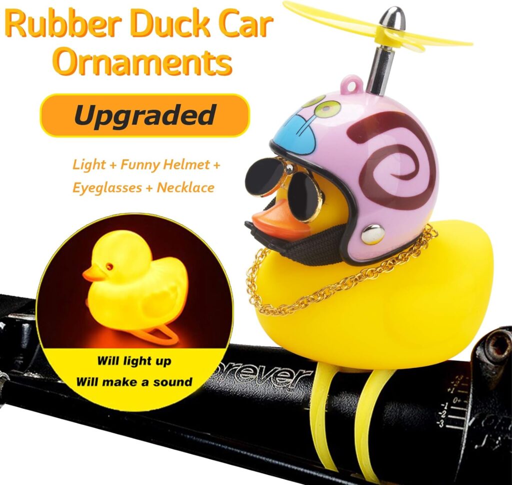 wonuu Rubber Duck Toy Car Ornaments Yellow Duck Car Dashboard Decorations Squeeze Duck Bicycle Horns with Propeller Helmet