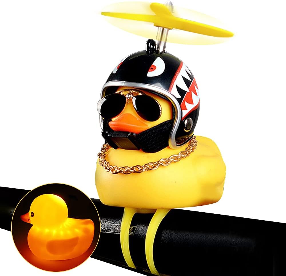 wonuu Rubber Duck Toy Car Ornaments Yellow Duck Car Dashboard Decorations Squeeze Duck Bicycle Horns with Propeller Helmet