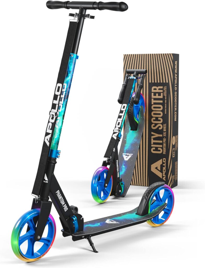 APOLLO Adult Scooter - Folding Kick Scooter for Teens and Adults weighing up to 220 lbs. Foldable, with Big Wheels (XXL), and an LED Light-Up Wheel Option