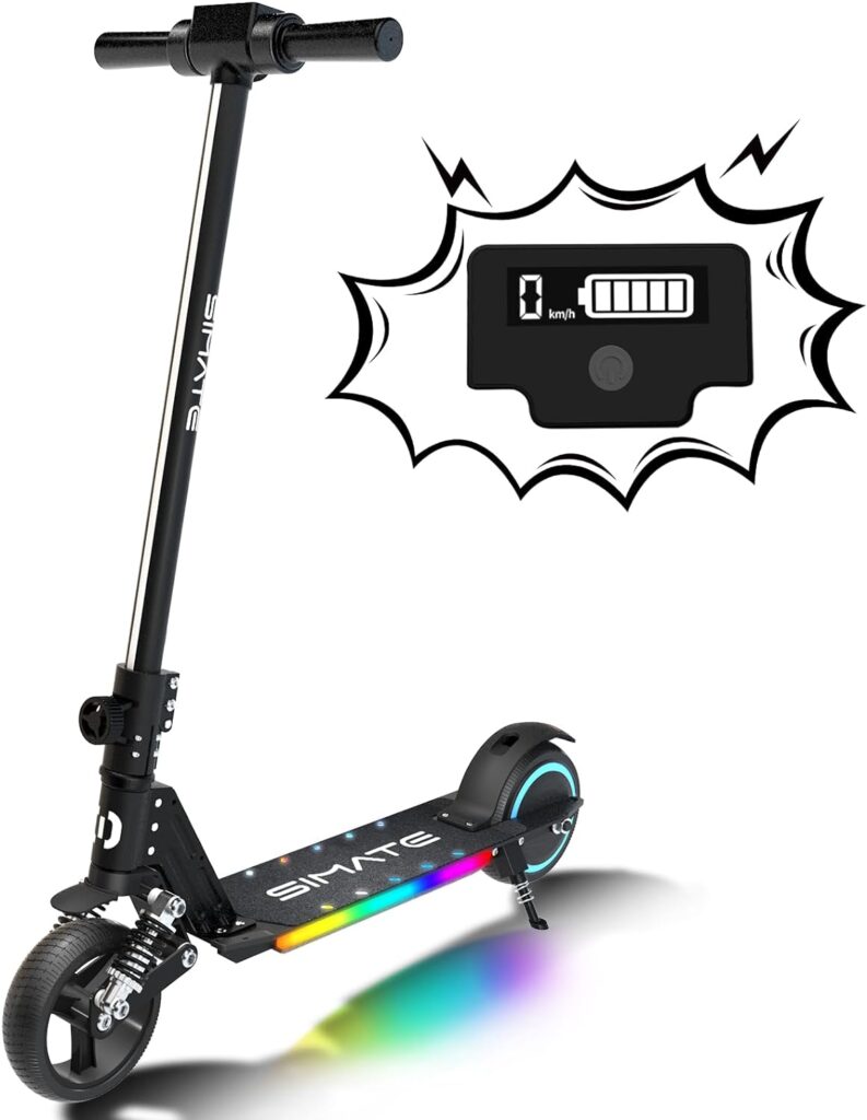 SIMATE Electric Scooter for Kids, Pro E-Scooters with White Front Light and Colorful Body Lights, LED Display  Foldable, Top 8.7mph  5 Miles Range Power by 130W Motor, Gifts for Kids, Teens