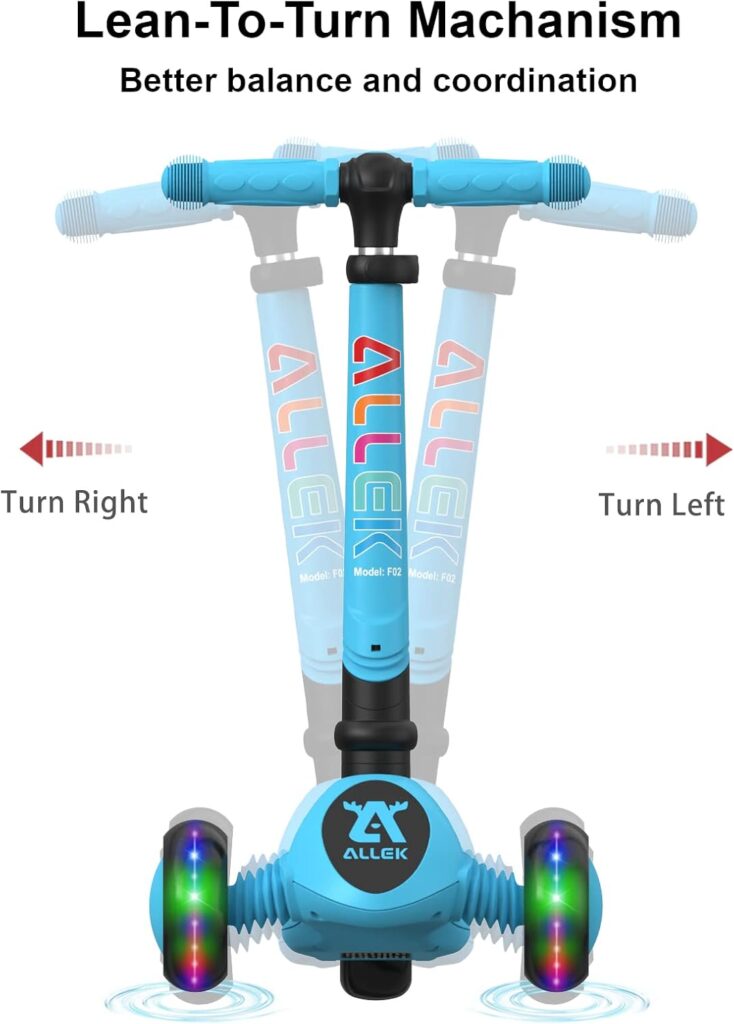 Allek Kick Scooter Foldable F02, 3-Wheel LED Flashing Glider and Adjustable Height with Anti-Slip Thick Deck Push Scooter for Children 3-12yrs