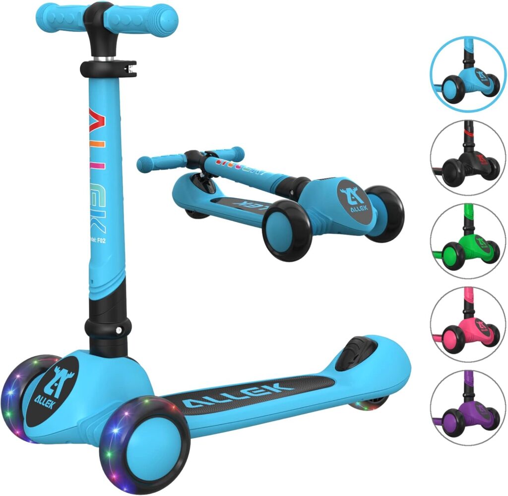 Allek Kick Scooter Foldable F02, 3-Wheel LED Flashing Glider and Adjustable Height with Anti-Slip Thick Deck Push Scooter for Children 3-12yrs