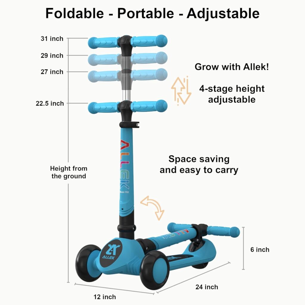 Allek Kick Scooter Foldable F02, 3-Wheel LED Flashing Glider and Adjustable Height with Anti-Slip Thick Deck Push Scooter for Children 3-12yrs