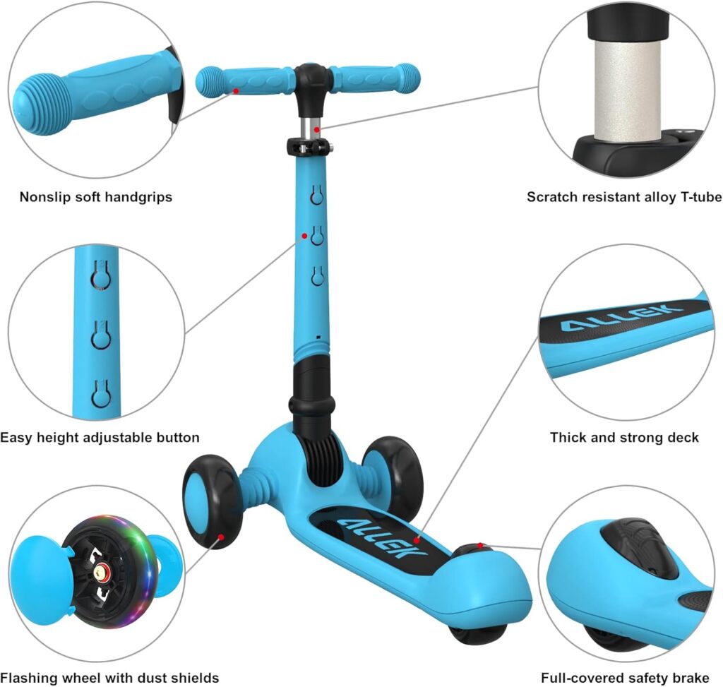 Allek Kick Scooter Foldable F02, 3-Wheel LED Flashing Glider and Adjustable Height with Anti-Slip Thick Deck Push Scooter for Children 3-12yrs