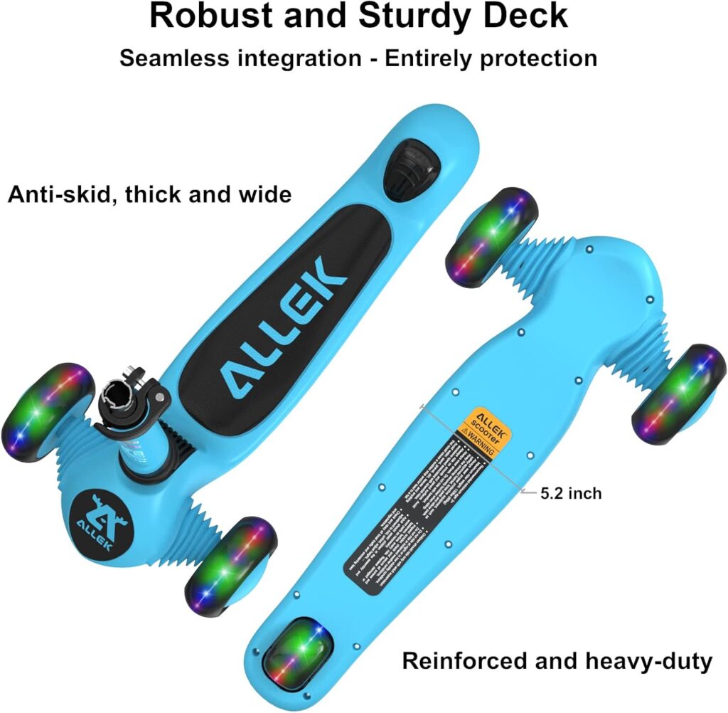 Allek Kick Scooter Foldable F02, 3-Wheel LED Flashing Glider and Adjustable Height with Anti-Slip Thick Deck Push Scooter for Children 3-12yrs