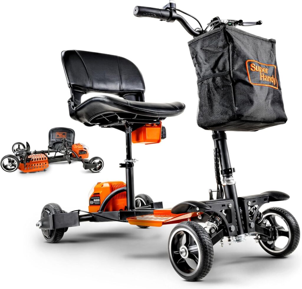 SuperHandy Passport Pro Mobility Scooter - Foldable Aluminum Frame, Wheels, Includes 48V 2Ah Li-Ion Batteries  Charger, Supports up to Lbs [Patent Pending] (Orange  Black, Lbs)