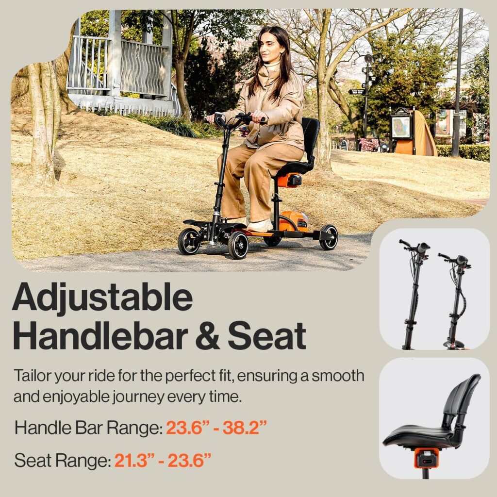 SuperHandy Passport Pro Mobility Scooter - Foldable Aluminum Frame, Wheels, Includes 48V 2Ah Li-Ion Batteries  Charger, Supports up to Lbs [Patent Pending] (Orange  Black, Lbs)