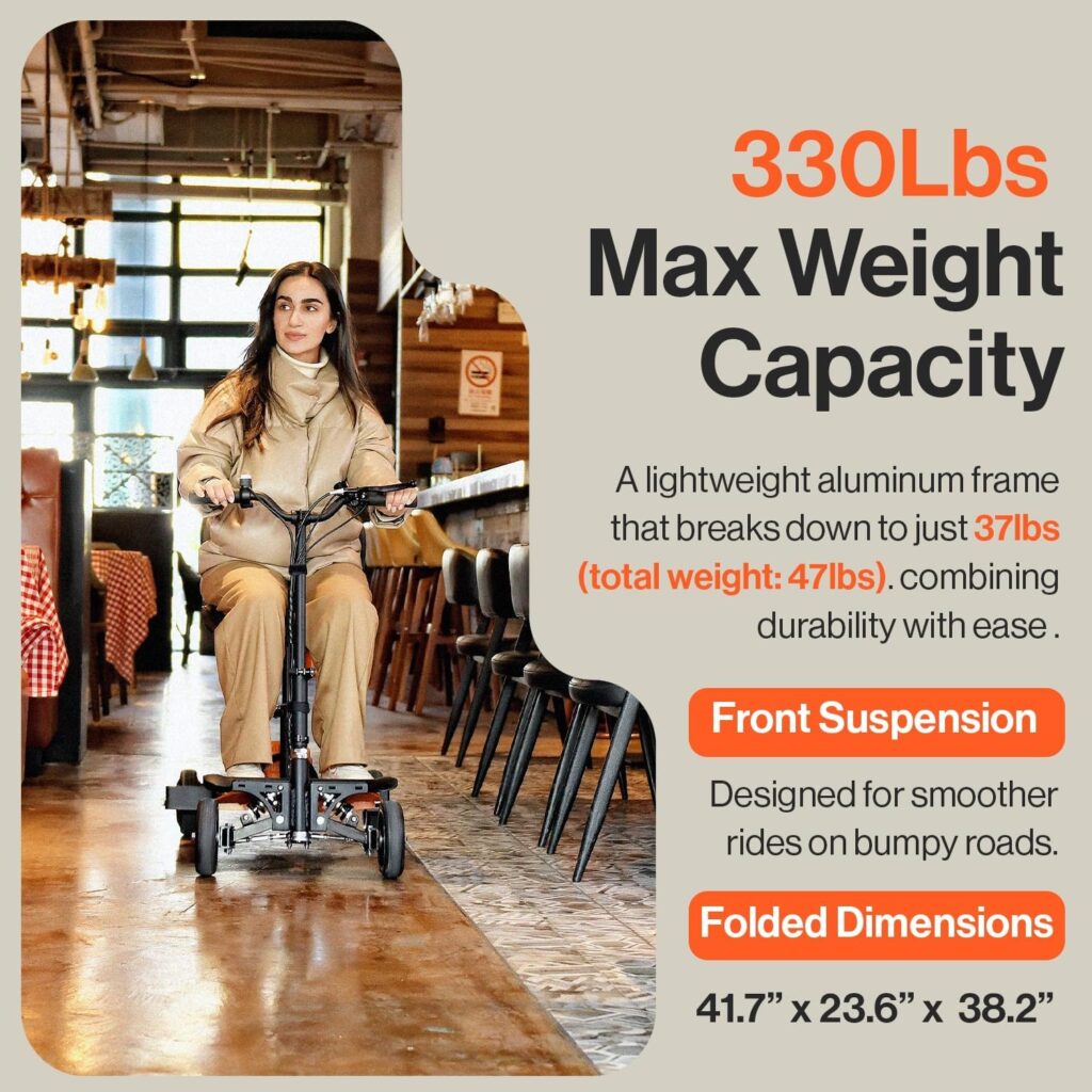 SuperHandy Passport Pro Mobility Scooter - Foldable Aluminum Frame, Wheels, Includes 48V 2Ah Li-Ion Batteries  Charger, Supports up to Lbs [Patent Pending] (Orange  Black, Lbs)