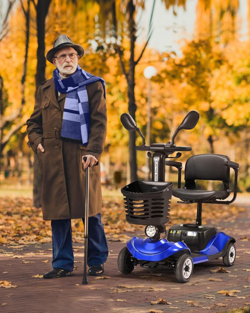 4 Wheel Mobility Scooter with Display, Electric Power Mobility Scooters for Seniors Adult with Lights Collapsible and Compact Duty Travel Scooter w/Basket and Extended Battery (Blue)