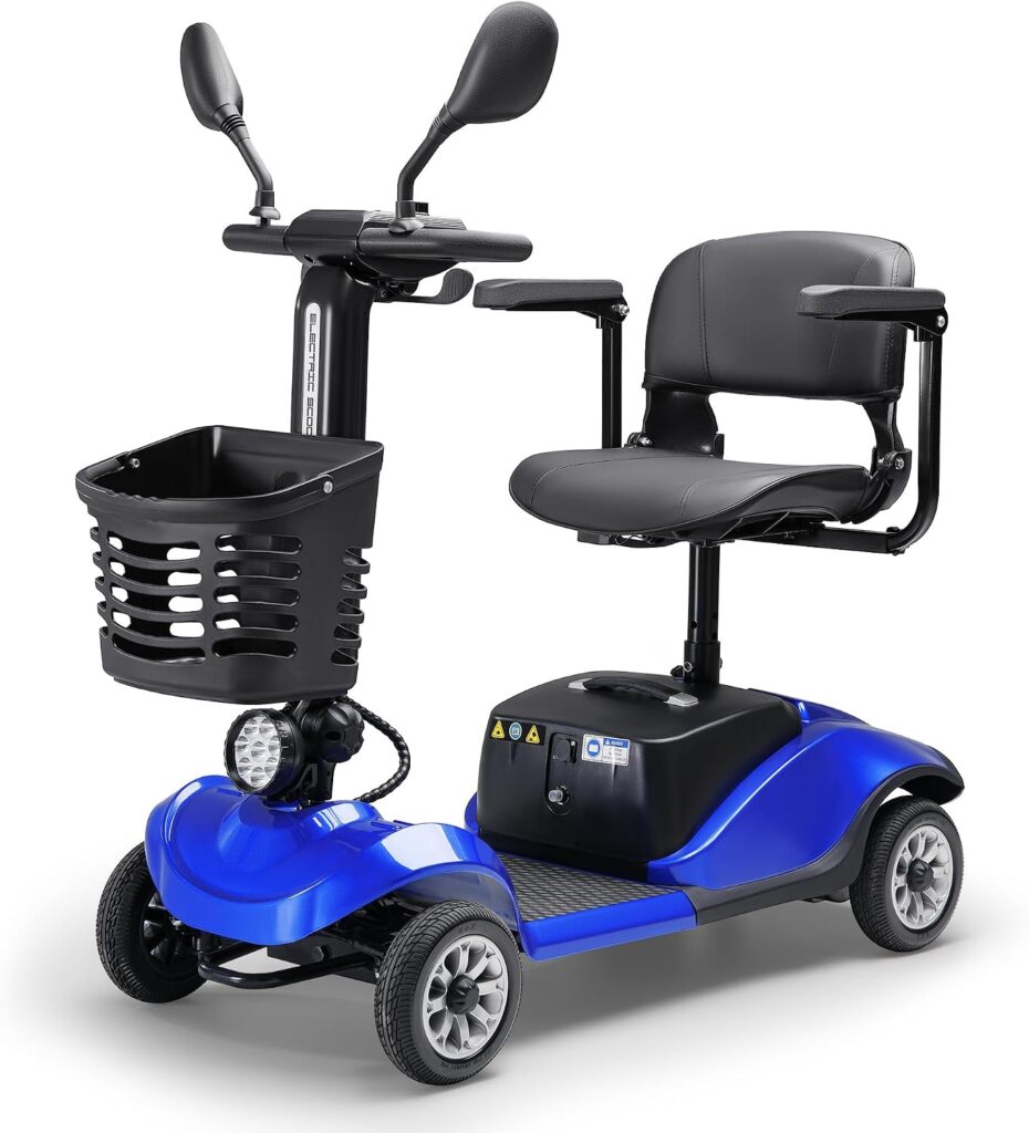 4 Wheel Mobility Scooter with Display, Electric Power Mobility Scooters for Seniors Adult with Lights Collapsible and Compact Duty Travel Scooter w/Basket and Extended Battery (Blue)