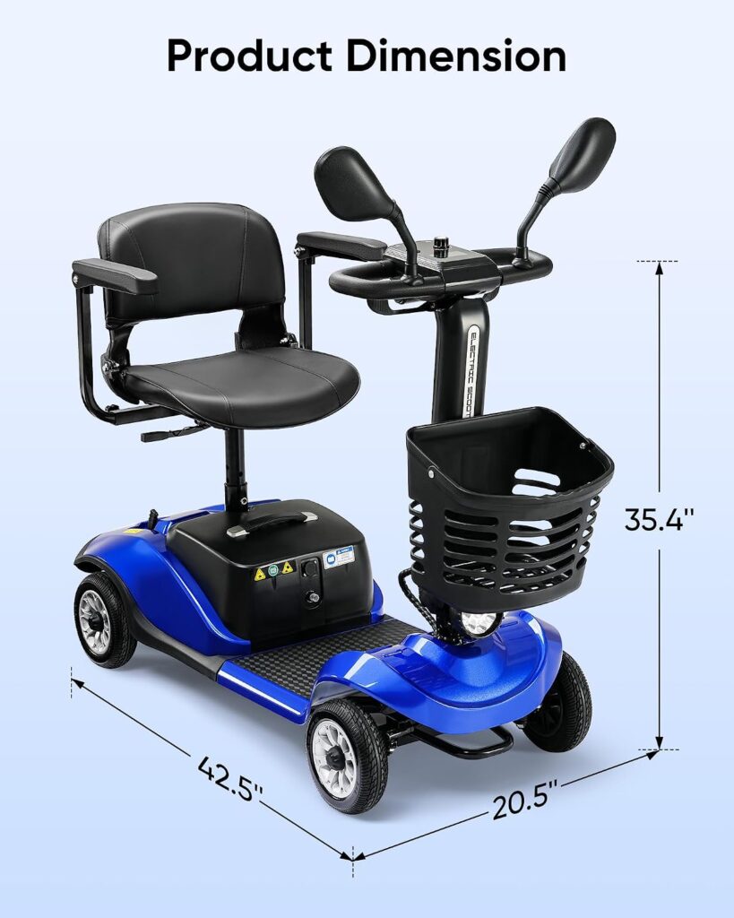 4 Wheel Mobility Scooter with Display, Electric Power Mobility Scooters for Seniors Adult with Lights Collapsible and Compact Duty Travel Scooter w/Basket and Extended Battery (Blue)