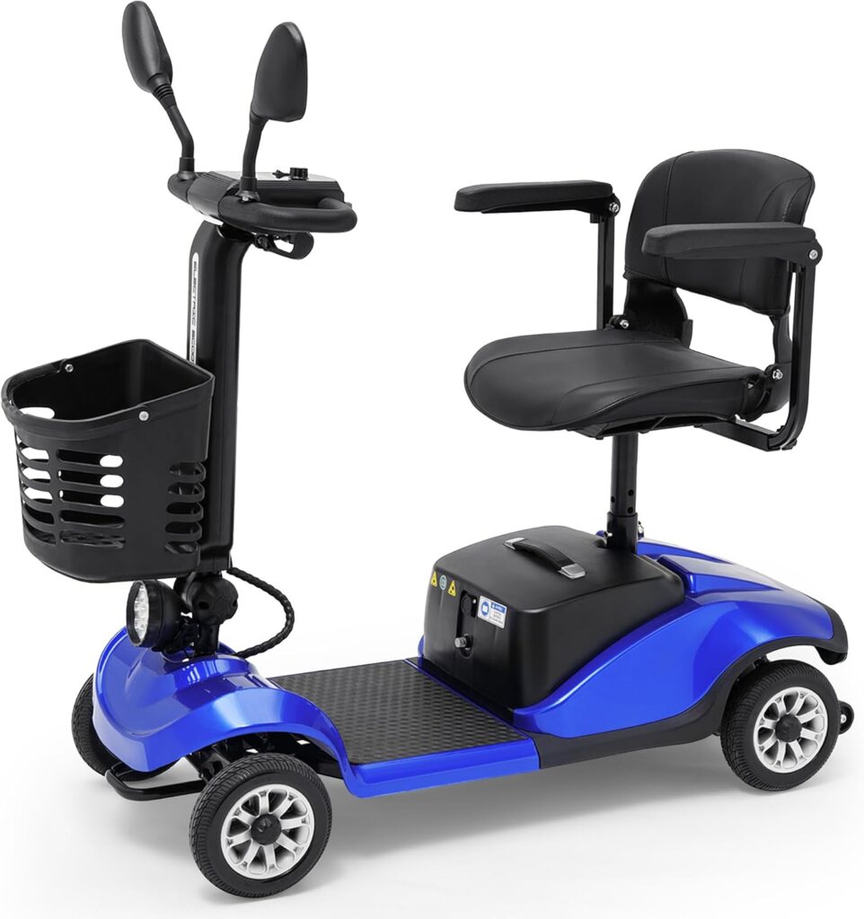 4 Wheel Mobility Scooter with Display, Electric Power Mobility Scooters for Seniors Adult with Lights Collapsible and Compact Duty Travel Scooter w/Basket and Extended Battery (Blue)