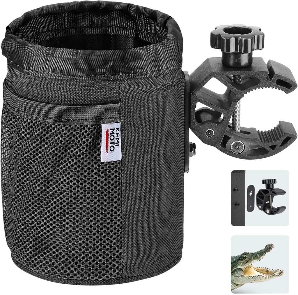 KEMIMOTO Motorcycle Cup Holder, Oxford Fabric Motorcycle Drink Holder with 0.6-1.5 Alligator Clamp, Universal Water Bottle Cup Accessories for Bike, ATV/UTV, Scooter, Boat, Walker