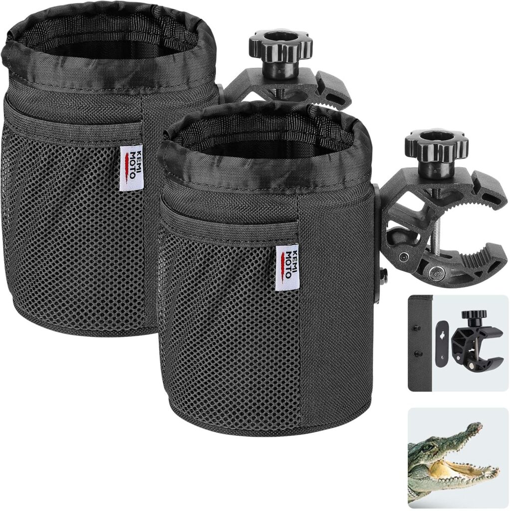 KEMIMOTO Motorcycle Cup Holder, Oxford Fabric Motorcycle Drink Holder with 0.6-1.5 Alligator Clamp, Universal Water Bottle Cup Accessories for Bike, ATV/UTV, Scooter, Boat, Walker